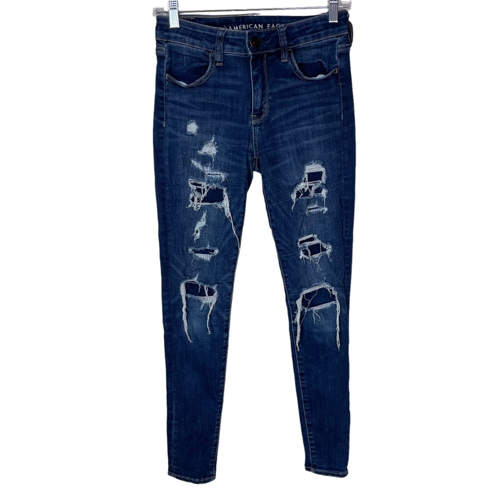 American Eagle Next Level Stretch Heavily Distressed Jegging Dark Blue Jean Sz 4